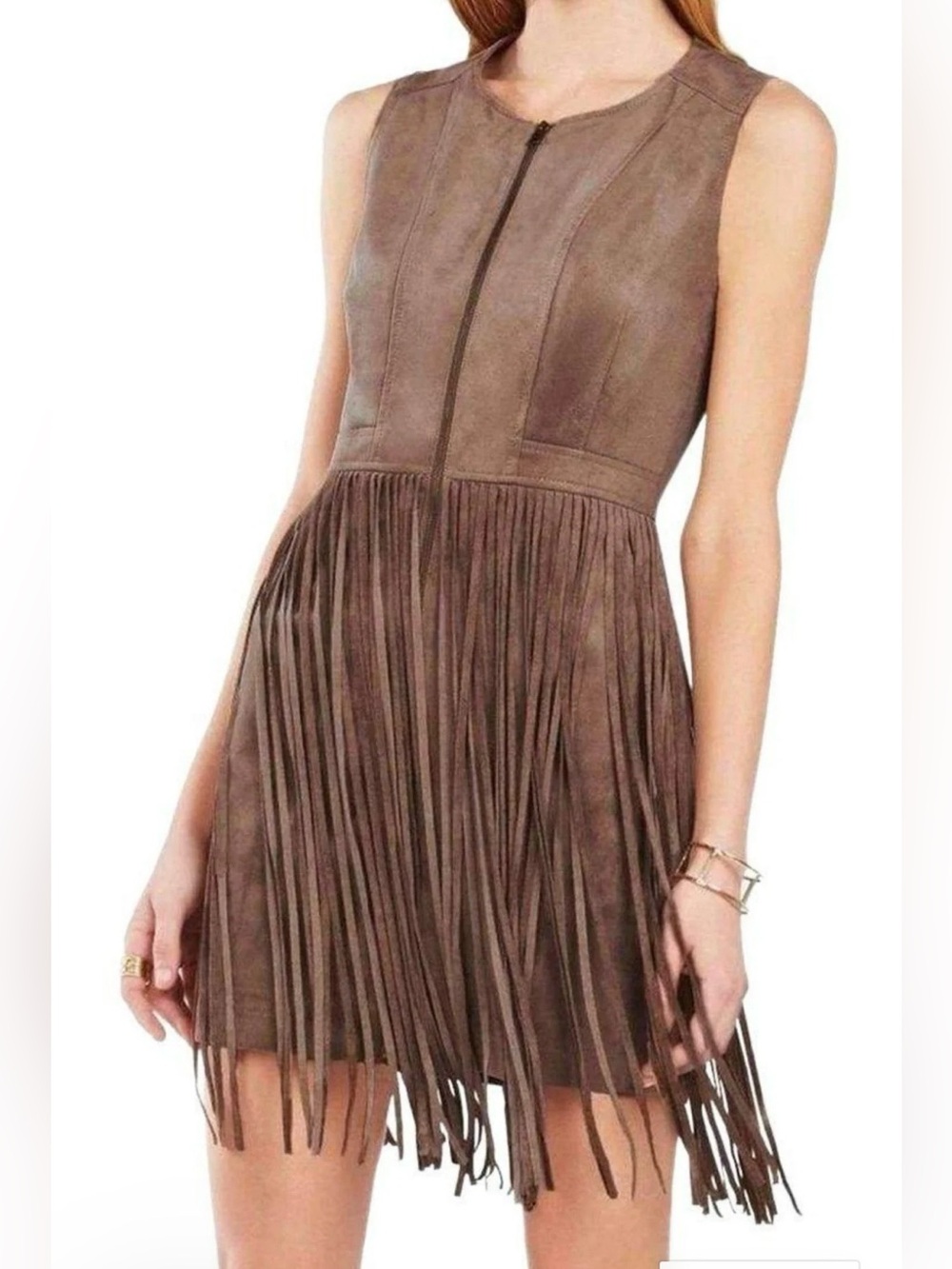 BCBGMaxAzria Brown faux Suede Fringe Mini Dress, IS2